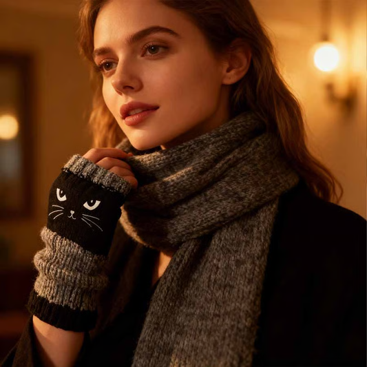 🐱 Black Friday: 40% korting! Leuke gebreide kattenhandschoenen voor dames – Warme handen, vrije vingers & schattig borduurwerk 🧶🧤