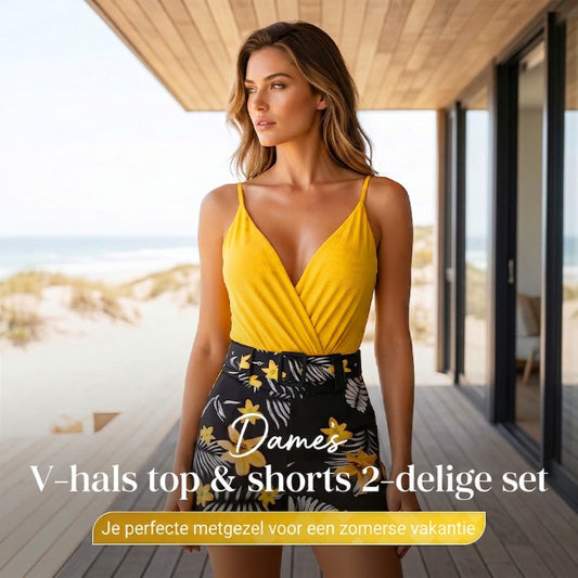 🎁2026 Nieuw binnen 50% KORTING💥👗 Dames V-Hals Top & Shorts 2-delig Set – Elegant Zomerpak | 3 Kleuren | S-2XL