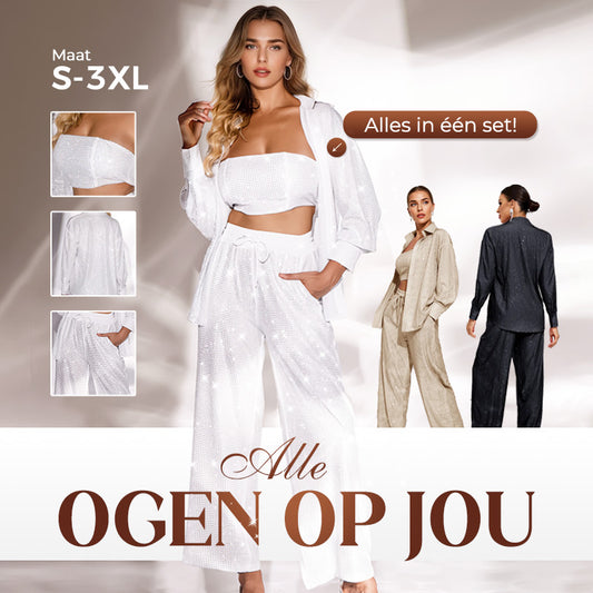 Glitter Blazer Met Pailletten en Wijde Broek voor dames(3-delige Set)