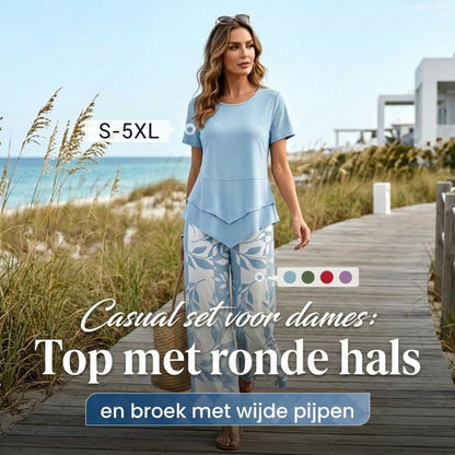 💙Casual set met tuniek met ronde hals en laagjes en een broek met wijde pijpen