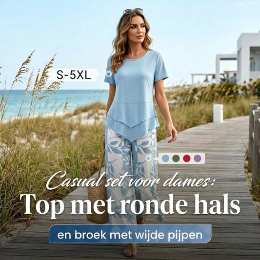 💙Casual set met tuniek met ronde hals en laagjes en een broek met wijde pijpen