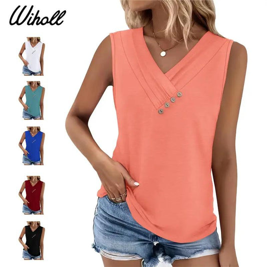 Dames tanktop met V-hals en decoratieve knopen | Losvallende pasvorm