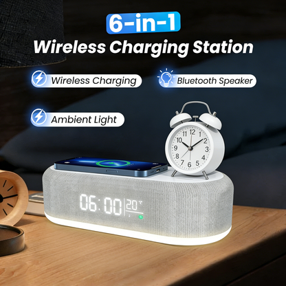 💘50% Korting! 🔋6-in-1 Draadloos Laadstation 25W – Klok, Wekker, Bluetooth Speaker & Nachtlampje | All-in-One Nachtkastje!