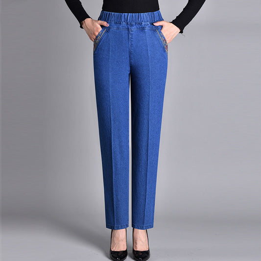Damesjeans met zijzakken en volledig elastische taille