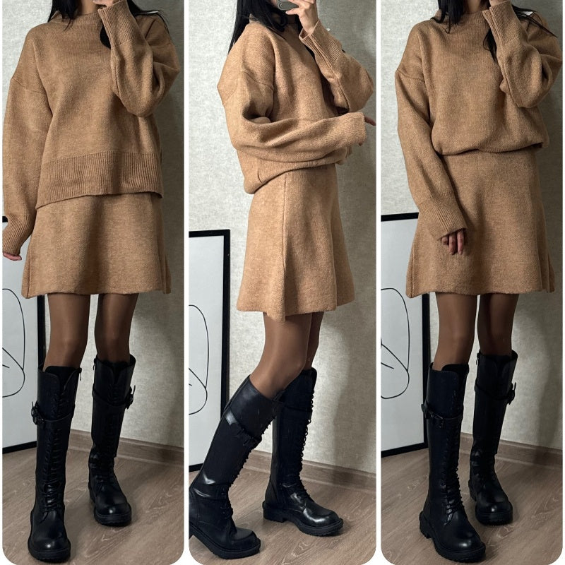 2024 Herfst Nieuwe Effen Kleur Casual College Stijl Gebreide Jurk Set 2
