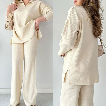 🔥Beperkte tijd aanbieding - 50% korting🔥V-hals Casual Split Gebreide Tweedelige Set
