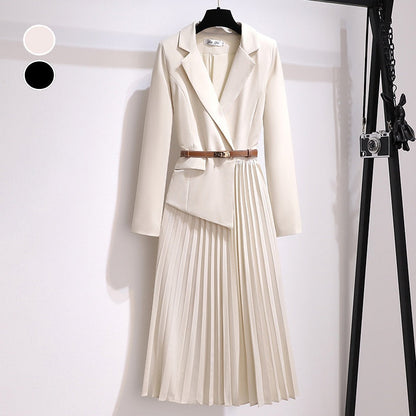 Asymmetrische Patchwork Plooi Blazer Jurk met Riem