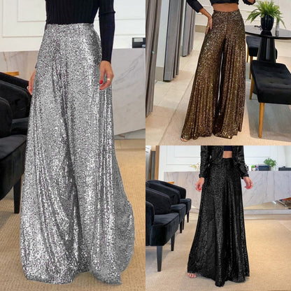 Trendy Vrouwen Hoge Taille Wijde Pijpen Broek met Pailletten