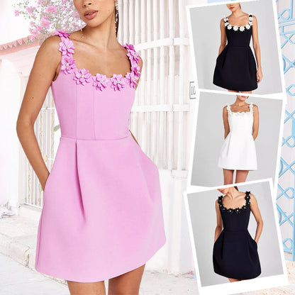 🌸Speciale prijs🌸  Dames elegante jurk met bloemen versierd met vierkante kraag zakken