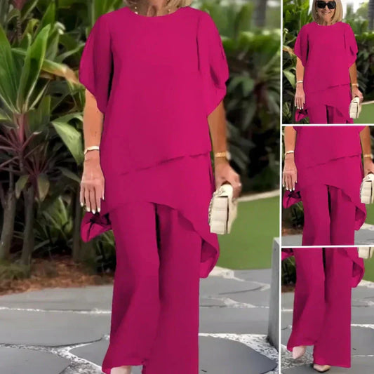 ✨60% KORTING – Charmante set met asymmetrische top 👗 Elegante set met wijde broekspijpen – Comfortabel en perfect voor de lente