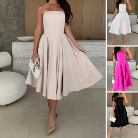 Elegante Strapless Midi Jurk in Effen Kleur
