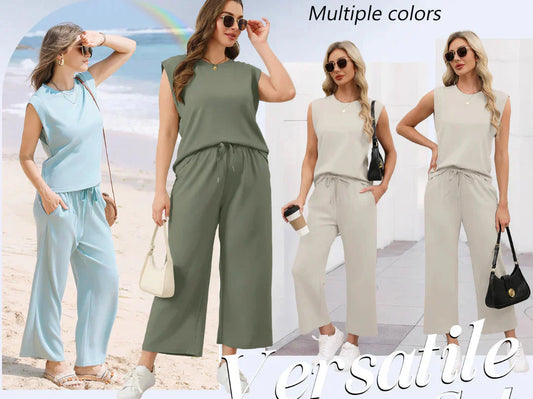 🌺Nieuwe dames casual top met kapmouwen, wijde pijpen, cropped broek, tweedelige sets