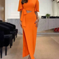 Rugloze midi jurk met split en uitsnijding aan de taille