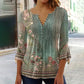 V-hals Plooien 3/4 Mouwen T-Shirt met Bloemenprint en Knoopsluiting voor Dames