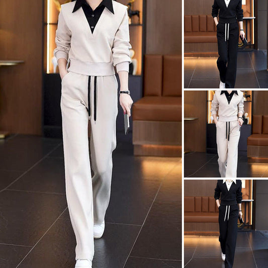Tweedelige Set voor Dames: Top met Overhemdkraag & Broek met Trekkoord