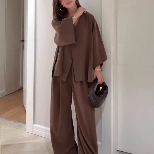 Elegant V-hals Top en Wijde Broek Set voor Dames