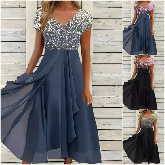 Dames zomerjurk met V-hals en patchworkprint