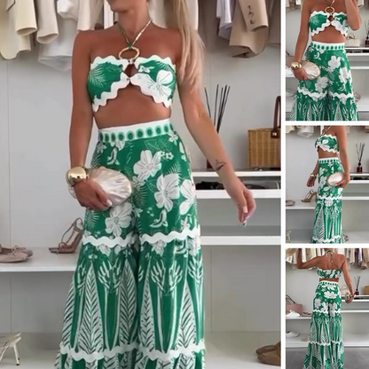 2-Delige Set voor Dames: Bikinitop en Geprinte Wijde Broek