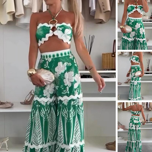 2-Delige Set voor Dames: Bikinitop en Geprinte Wijde Broek