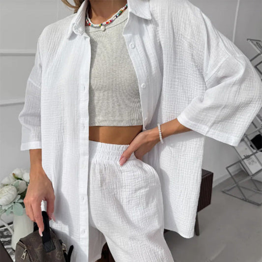 Dames 2-Delige Set: Casual Shirt en Elastische Tailleband Shorts