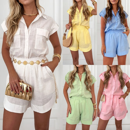 Vrouwen Casual Losse Shirt met Korte Mouwen & Shorts 2-delige Set