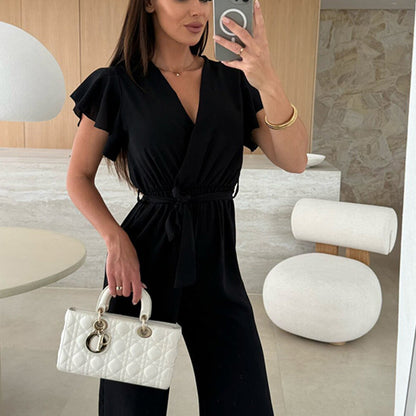 Damesjumpsuit met effen kleuren V-hals met ruches en wijde mouwen