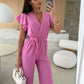Damesjumpsuit met effen kleuren V-hals met ruches en wijde mouwen