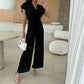 Damesjumpsuit met effen kleuren V-hals met ruches en wijde mouwen