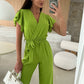 Damesjumpsuit met effen kleuren V-hals met ruches en wijde mouwen