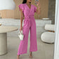 Damesjumpsuit met effen kleuren V-hals met ruches en wijde mouwen
