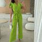 Damesjumpsuit met effen kleuren V-hals met ruches en wijde mouwen