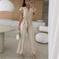 Damesjumpsuit met effen kleuren V-hals met ruches en wijde mouwen