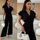 Damesjumpsuit met effen kleuren V-hals met ruches en wijde mouwen