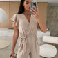 Damesjumpsuit met effen kleuren V-hals met ruches en wijde mouwen