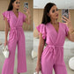 Damesjumpsuit met effen kleuren V-hals met ruches en wijde mouwen