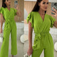 Damesjumpsuit met effen kleuren V-hals met ruches en wijde mouwen