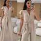 Damesjumpsuit met effen kleuren V-hals met ruches en wijde mouwen