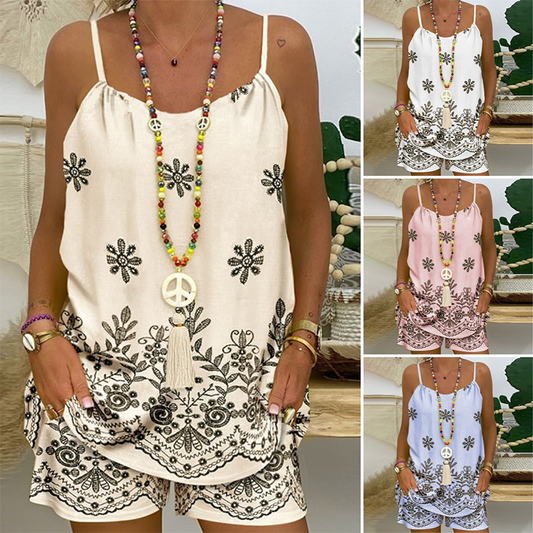 Dames set met print - spaghetti topje en korte broek