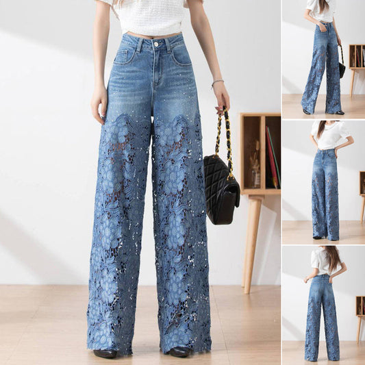 Blauwe jeans met hoge taille voor dames, wijde pijpen, gatenpatroon en kanten inzetstukken