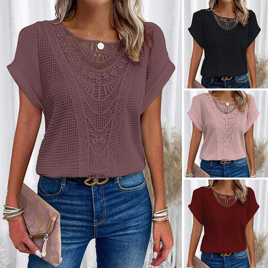 ✨50% OFF✨Effen gehaakte tops met ronde hals en korte mouwen voor dames