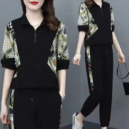 Damesset met bloemenprint, sporttop met korte mouwen en casual broek
