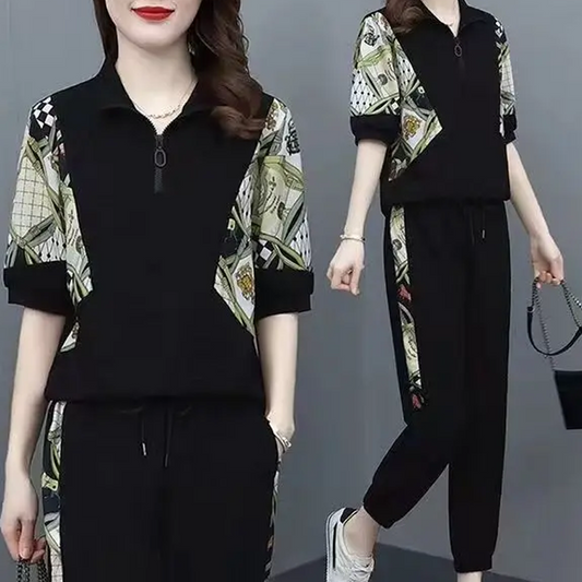Damesset met bloemenprint, sporttop met korte mouwen en casual broek