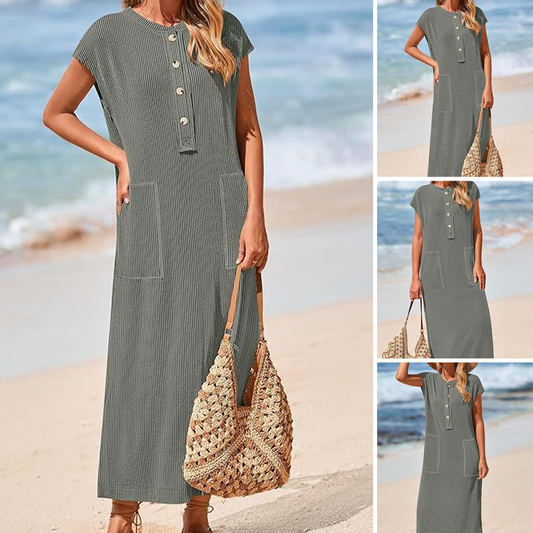 Gebreide Maxi Jurk met Korte Mouwen en Knopen