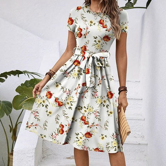 Elegante Damesjurk met Ronde Hals en Print