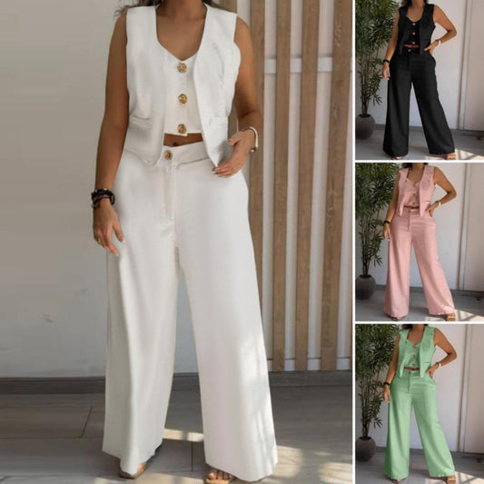 Dames Trendy Mouwloze Top en Wijde Broek Tweedelige Set