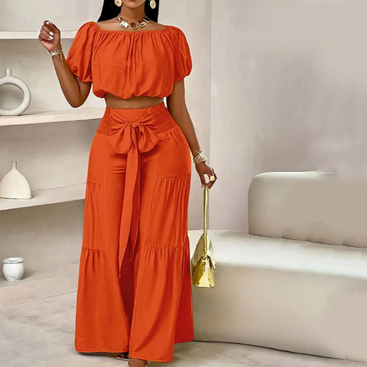 Vrouwen 2-delige Set: Off-shoulder Top met Pofmouwen en Wijd-pijpen Broek