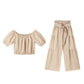 Vrouwen 2-delige Set: Off-shoulder Top met Pofmouwen en Wijd-pijpen Broek