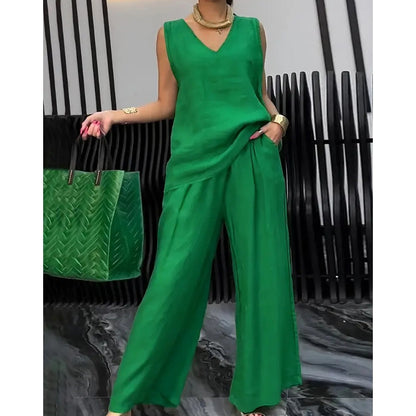 Set van 2 effen losse mouwloze V-hals top en wijde broek voor dames
