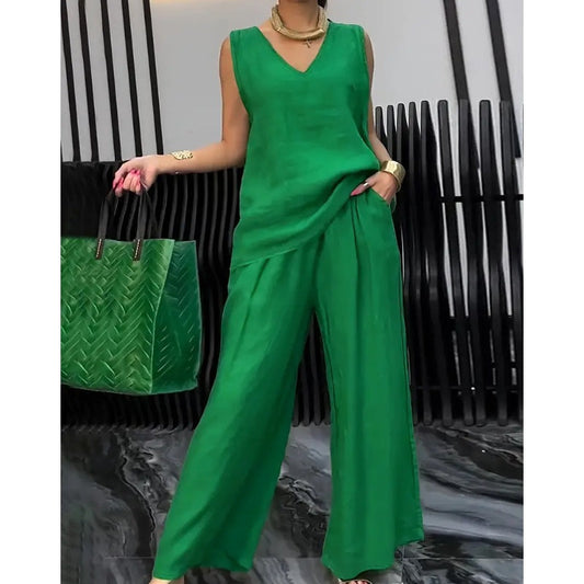 Set van 2 effen losse mouwloze V-hals top en wijde broek voor dames