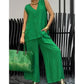 Set van 2 effen losse mouwloze V-hals top en wijde broek voor dames